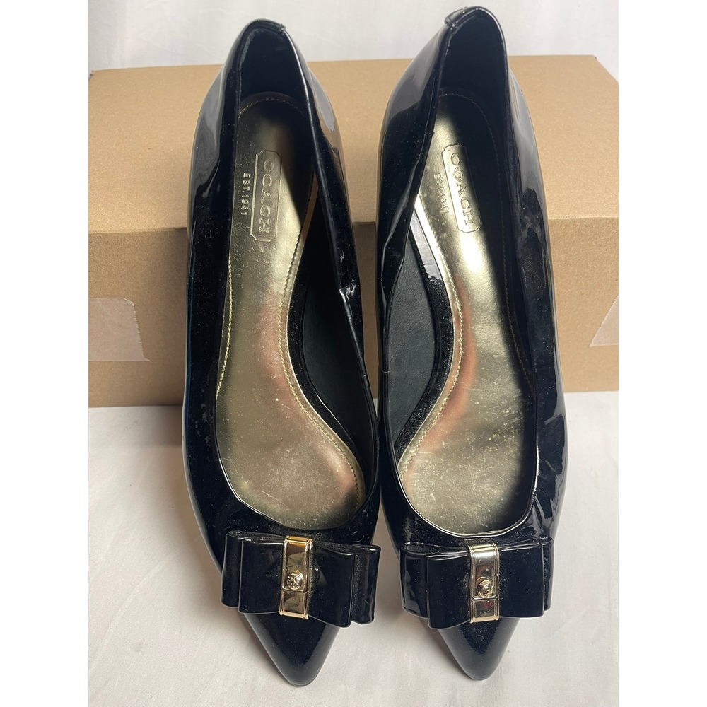 Coach Black Patent Leather Pointed Toe Bow Flats Gold Hardware Womens 7.5 B